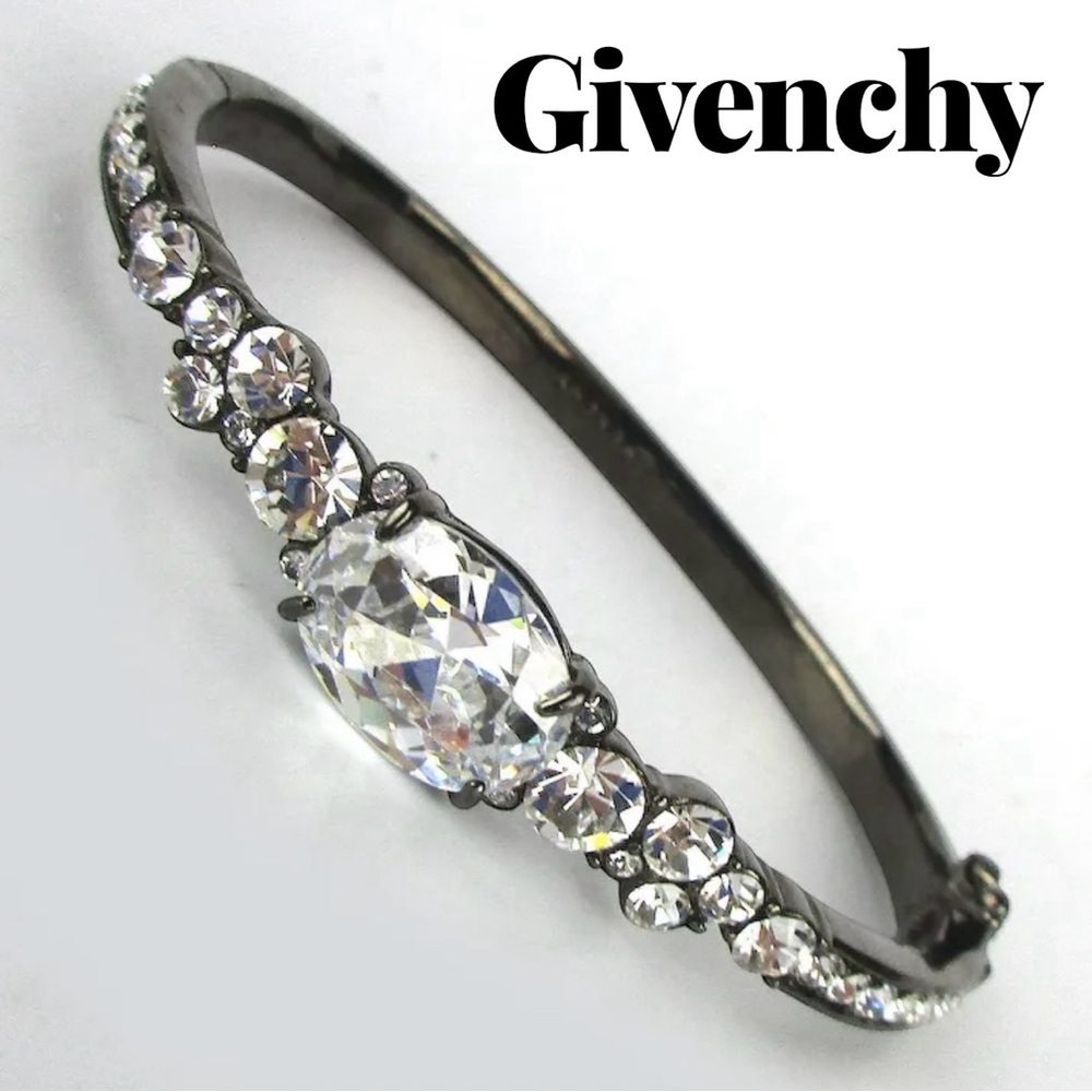 GIVENCHY Clear Ice Crystals Gun Metal Hinged Bangle Bracelet